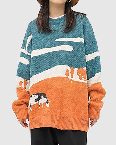 Vintage Cow Grassland Graphic Oversized Jumper Casual Loose Round Neck Unisex Sweater