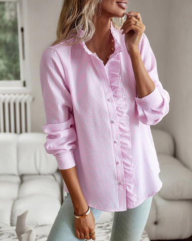 ruffle trim button front shirt regular fit long sleeve work blouse