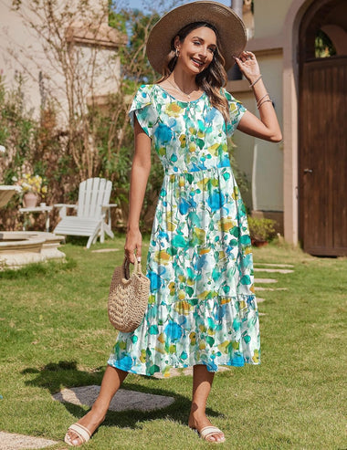 Zeagoo Midi A Line Dress Short Sleeve Casual Flowy T... - Zeagoo Blue Brown Floral / XXL Zeagoo Midi A Line Dress Short Sleeve Casual Flowy T... - Zeagoo Blue Brown Floral / XXL