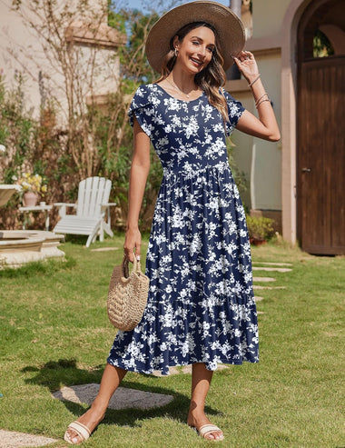 Zeagoo Midi A Line Dress Short Sleeve Casual Flowy Tiered Sundress (US ZEAGOO Zeagoo Midi A Line Dress Short Sleeve Casual Flowy Tiered Sundress (US ZEAGOO
