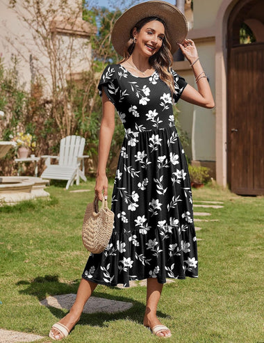 Zeagoo Midi A Line Dress Short Sleeve Casual Flowy Tiered Sundress (US Only) Navy Blue Floral / S Zeagoo Midi A Line Dress Short Sleeve Casual Flowy Tiered Sundress (US Only) Navy Blue Floral / S