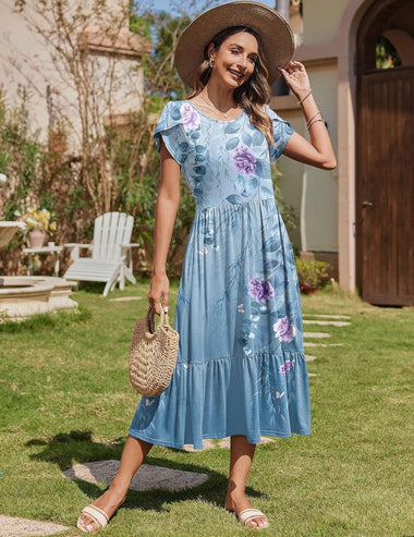 Zeagoo Midi A Line Dress Short Sleeve Casual Flowy Tiered Sundress (US Only) Black White Floral / S Zeagoo Midi A Line Dress Short Sleeve Casual Flowy Tiered Sundress (US Only) Black White Floral / S