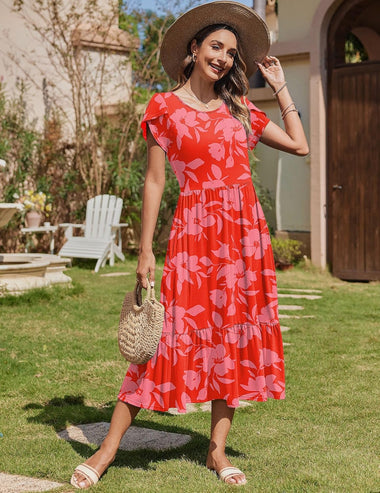 Zeagoo Midi A Line Dress Short Sleeve Casual Flowy Tiered Sundress (US Only) Navy Blue Floral / S Zeagoo Midi A Line Dress Short Sleeve Casual Flowy Tiered Sundress (US Only) Navy Blue Floral / S