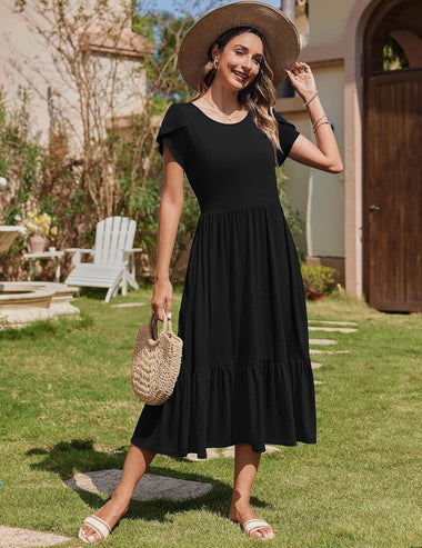 Zeagoo Midi A Line Dress Short Sleeve Casual Flowy Tiered Sundress (US ZEAGOO Zeagoo Midi A Line Dress Short Sleeve Casual Flowy Tiered Sundress (US ZEAGOO