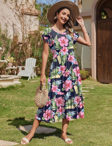 Zeagoo Midi A Line Dress Short Sleeve Casual Flowy T... - Zeagoo White Floral-2 / M Zeagoo Midi A Line Dress Short Sleeve Casual Flowy T... - Zeagoo White Floral-2 / M