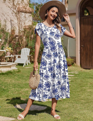 Zeagoo Midi A Line Dress Short Sleeve Casual Flowy Tiered Sundress (US Only) White Floral-2 / M Zeagoo Midi A Line Dress Short Sleeve Casual Flowy Tiered Sundress (US Only) White Floral-2 / M
