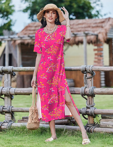flowery summer casual dresses ociviesr Women Casual Boho Print Zipper V Neck Sleeveless Long Dress Holiday Dress Floral Summer Dresses for Women Women's Summer Dresses Casual, Size