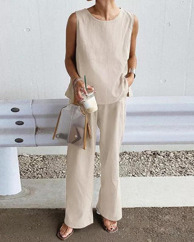 Casual Loose Sleeveless Slit Solid Color Vest Trousers Pants Set