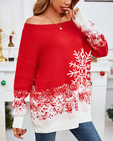 Snowflake Print Off-Shoulder Long Sleeve Sweater