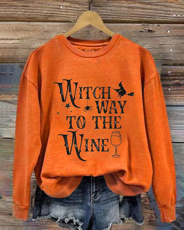 womens halloween witch way to the wine print sweatshirt