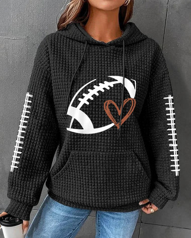 Rugby Print Top Women's Pullover Hooded Waffle Sweatshirt