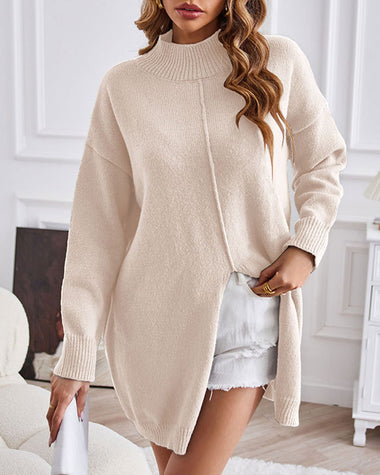 Turtleneck Slit-front Mid-Length Sweater
