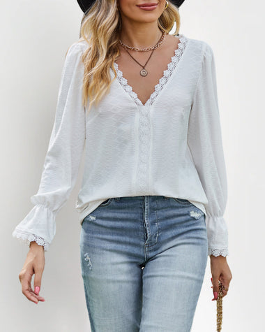 Crochet Lace Basic V-Neck Shirts Elegant Long Sleeve Tunic Blouse Tops