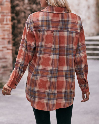 Loose Fit Plaid Shirt Casual Long Sleeve Lapel Collar Button Tunic Tops