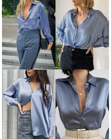 Womens Satin Silk Shirt V-Neck Long Sleeve Button Down Shirt Casual Loose Office Blouse Tops - Zeagoo (Us Only)