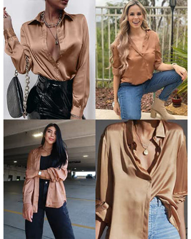 Womens Satin Silk Shirt V-Neck Long Sleeve Button Down Shirt Casual Loose Office Blouse Tops - Zeagoo (Us Only)