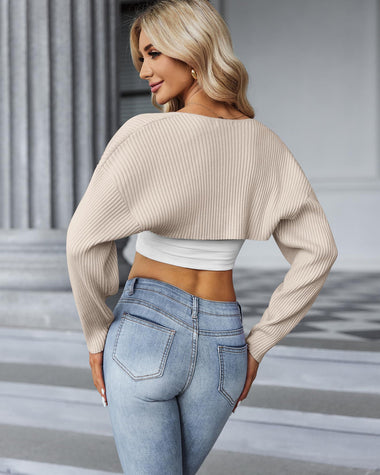 Zeagoo Women's 2023 Fall Winter Cardigan Sweater Long Sleeve Open Front Shrug Drop Shoulder Ribbed Knit Bolero Crop Top