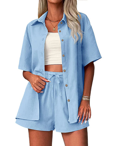 Zeagoo Women's 2 Piece Cotton Linen Tracksuit Short Sleeve