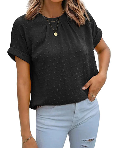 Women's Casual Swiss Dot Chiffon Summer Tops Round Neck Blouse Shirts Short Sleeve Work Office Loose Shirt - Zeagoo (Us Only)