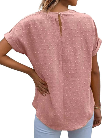 Women's Casual Swiss Dot Chiffon Summer Tops Round Neck Blouse Shirts Short Sleeve Work Office Loose Shirt - Zeagoo (Us Only)