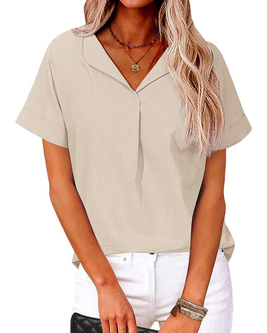 Womens Cotton Linen Shirt Casual Short Sleeve Loose Fit V Neck Business Casual Shirt Tops S-XXL - Zeagoo (Us Only)