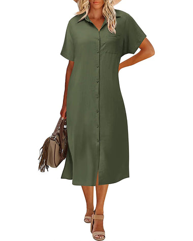 Zeagoo Womens Linen Shirt Dress Casual Short Sleeve Button Front Dress Belt Side Slit Midi Dresses with Pockets (US Only)