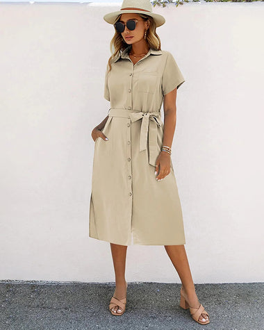 Zeagoo Womens Linen Shirt Dress Casual Short Sleeve Button Front Dress Belt Side Slit Midi Dresses with Pockets (US Only)