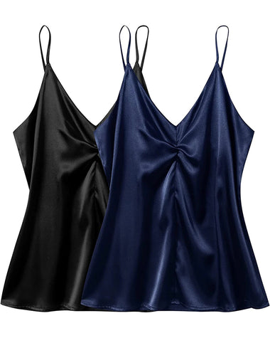 Women's Silk Camisole V Neck Camis Satin Tank Tops Sexy Spaghetti Strap Loose Sleeveless Blouse 2 Packs - Zeagoo (Us Only)