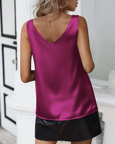 Zeagoo Women 2023 Silk Satin Tank Top Casual V Neck Camisole Blouses Loose Sleeveless Cami Basic Tank Shirt (US Only)