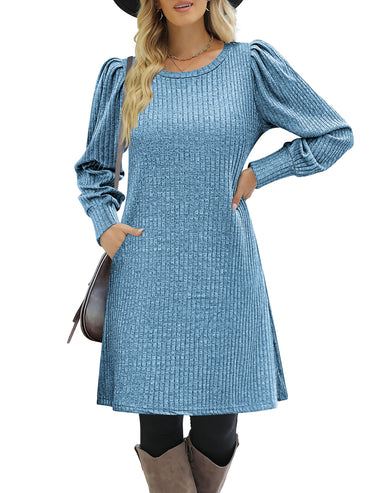Zeagoo Women Knit Dress Puff Long Sleeve Dress - Zeagoo Blue / 2XL(14) Zeagoo Women Knit Dress Puff Long Sleeve Dress - Zeagoo Blue / 2XL(14)