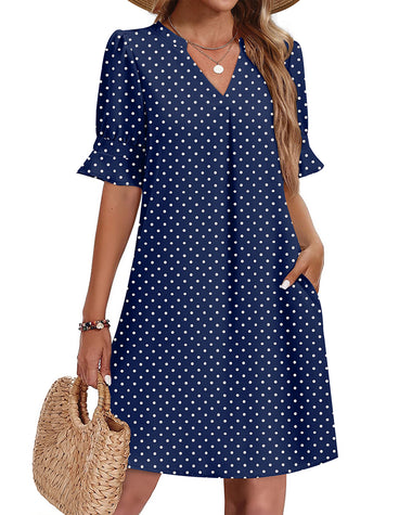 casual summer shift dresses with sleeves Mmoneyake Womens Summer Shift Dresses V Neck Ruffle Short Sleeve Midi Dress Solid Color Mini Dress Casual Work Dresses at Amazon Women's Clothing store