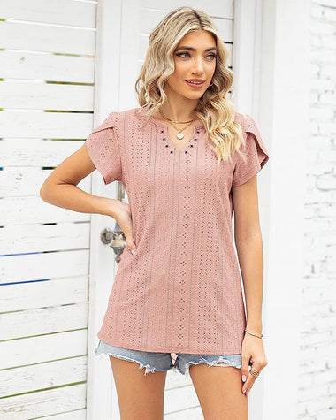 Zeagoo Short Sleeve Tops for Women Casual V Neck T-Shirts Petal Sleeve Shirt Eyelet Pleated Loose Blouses (Us Only)