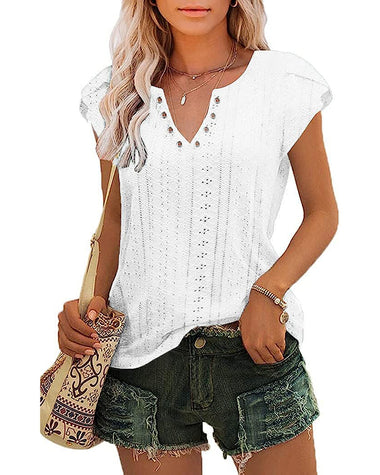 Zeagoo Short Sleeve Tops for Women Casual V Neck T-Shirts Petal Sleeve Shirt Eyelet Pleated Loose Blouses (Us Only)