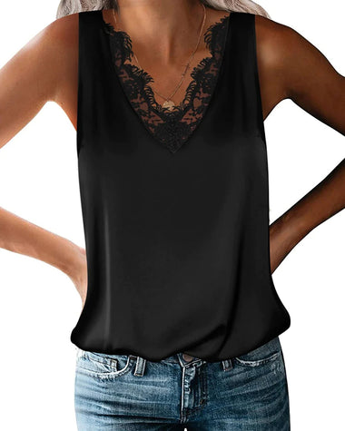 Zeagoo 2023 Women's Silk Satin Tank Tops Lace Trim V Neck Casual Sleeveless Blouses Summer Basic Tank Shirt (Us Only)
