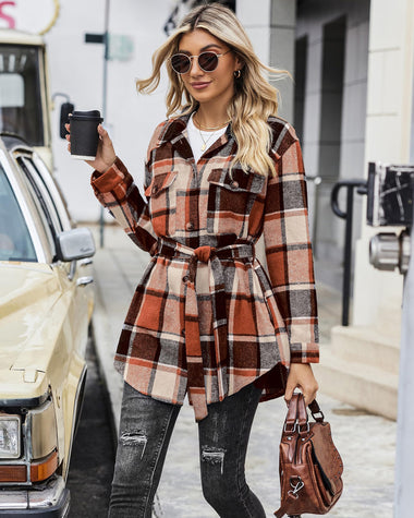 Zeagoo Womens Fashion 2023 Plaid Shacket Jacket Button Down Trench Coats Wool Blend Peacoat Belted Outwear with Pockets
