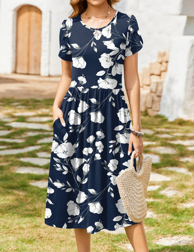 short sleeve midi dress with pockets Fuchsia Cotton Dress With Pockets, Belted Midi Dress, Short Sleeve Fit and Flare Dress, Casual Summer Dress for Women