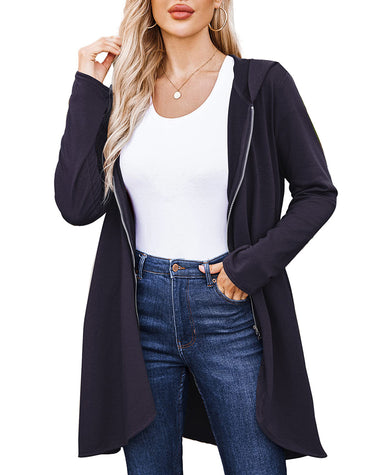 Women's Long Zip Up Hoodie Light Oversized Thin Tunic Hooded Sweatshirt Jacket with Pockets - Zeagoo (Us Only)