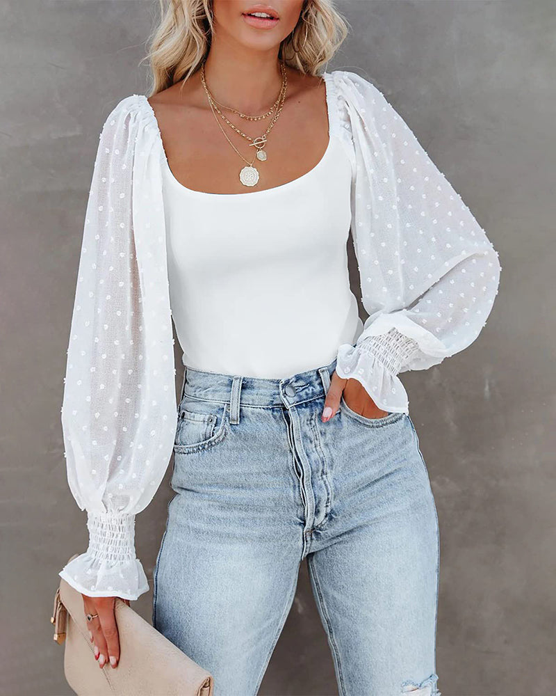 Puff Long Sleeve Bodysuit Leotard Sheer Top - Zeagoo (Us Only)