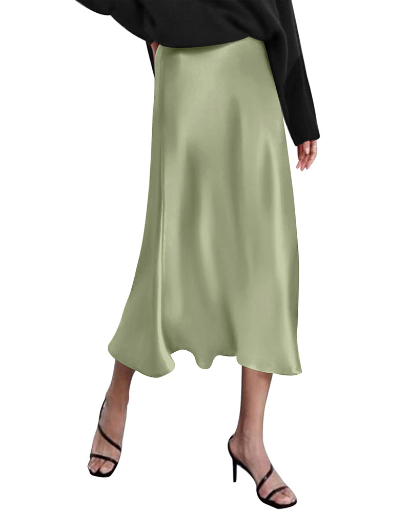 New Womens Midi Skirt High Waisted Solid Satin Dress Zipper Elegant Wo ...