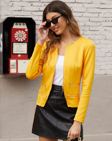 Zeagoo Womens Blazer Cropped Open Front Zipper Dress Jacket O Neck Casual Office Suit Jacket