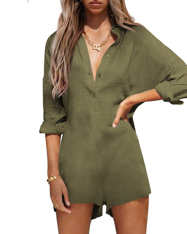 Women Long Sleeve Romper Casual Button Down One Piece Jumpsuit Summer Outfits - Zeagoo (Us Only)