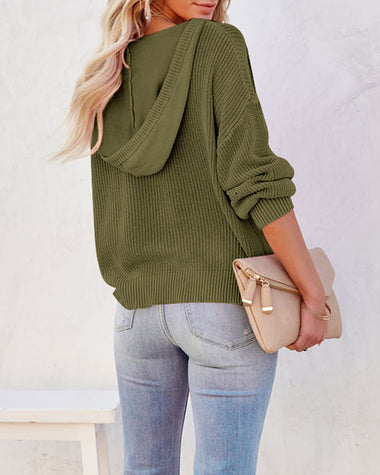 Women's Oversized Sweater V Neck Hooded Pullover Sweater Long Sleeve Knitted Jumper Tops - Zeagoo (Us Only)