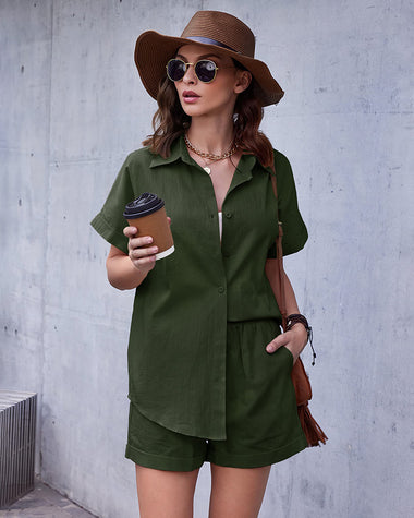 Women's 2 Piece Casual Tracksuit Outfit Sets Cotton Linen Short Sleeve Button Down Shirt and Loose Casual Shorts Set - Zeagoo (Us Only)