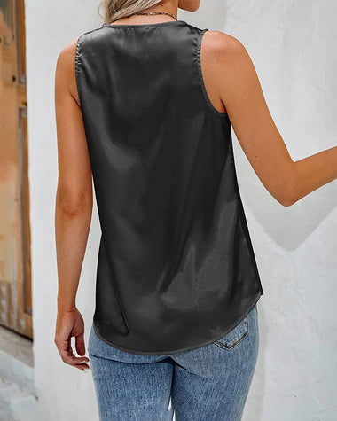 Womens Satin Tops V Neck Silk Tank Top Summer Camisole Sleeveless Blouse Loose Cami Zipper Basic Shirt - Zeagoo (Us Only)