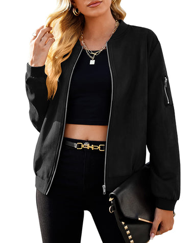 Faux Bomber Zip Up Lightweight Jacket Coat with Pockets - Zeagoo (Us Only)