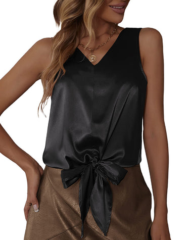 Womens Silk Satin Front Tie Tank Tops V Neck Camisole Fashion Sleeveless Causal Cami Shirt S-XXL - Zeagoo (Us Only)