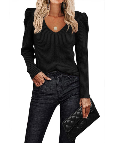 Zeagoo V Neck Sweaters for Women Casual Puff Sleeve Pullover Sweater Solid Soft Slim Fit Jumper Tops