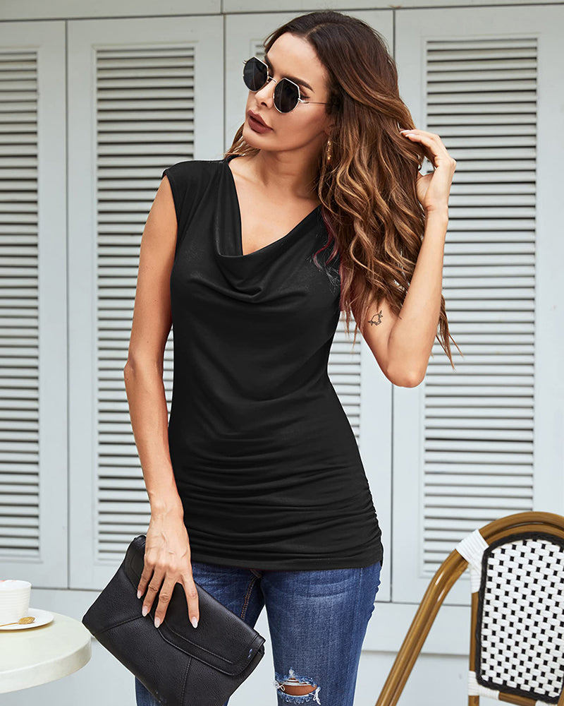 Ruched Cowl Neck Tank Tops - Zeagoo (Us Only)