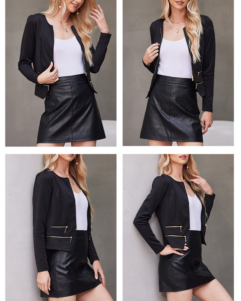 zeagoo womens blazer cropped open front zipper dress jacket o neck casual office suit jacket