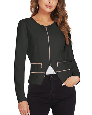 Zeagoo Womens Blazer Cropped Open Front Zipper Dress Jacket O Neck Casual Office Suit Jacket